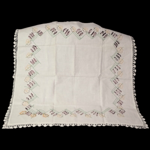 PŁÓTNO HAFTY I SZYDEŁKOWA KORONKA STARY OBRUS 92 X 92 CM