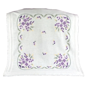 PŁOTNO I FIOLETOWE BUKIETY KWIATÓW CUDOWNY HAFT 75 X 70 CM