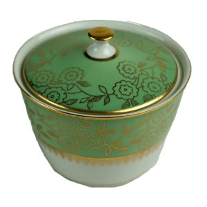 STARA ROLE CUKIERNICZKA Z SELEDYNOWYM SZLACZKIEM ZE ZŁOTYMI KWIATAMI