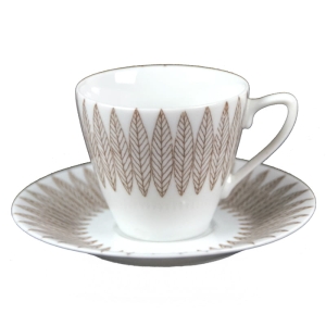 ŚLICZNA FILIŻANKA ZE SPODKIEM BRĄZOWE LISTECZKI DESIGN Z LAT 70-TYCH