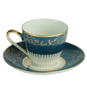 36625 STARA ROLE FILIŻANKA ZE SPODKIEM MORSKIE SZLACZKI I ZŁOTE KWIATY.jpg