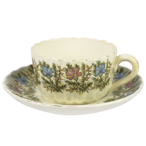 SARREGUEMINES MAJOLIKA ŚLICZNA DUŻA FILIŻANKA ZE SPODKIEM GOŹDZIKI