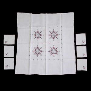 OBRUS I 6 SERWETEK LEN I CZARNO-BIAŁE HAFTY BAŁKANY