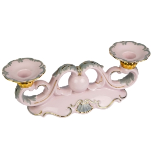 CHODOV DWURAMIENNY ŚWIECZNIK LIŚCIASTE RELIEFY Z RÓŻOWEJ PORCELANY