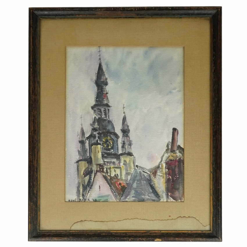 44561 RÉNE MARIE AKWARELA WIEŻA KOŚCIELNA 1949 ROK (1).jpg