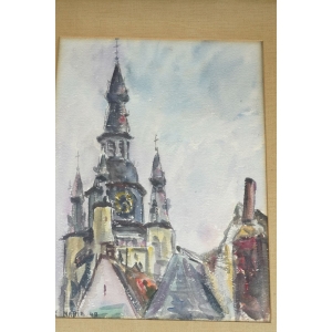 44561 RÉNE MARIE AKWARELA WIEŻA KOŚCIELNA 1949 ROK (3).jpg