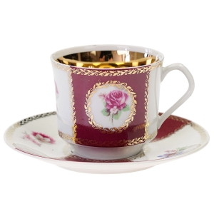 CHODOV LAURA J. JEŽEK ŚLICZNA FILIŻANKA ZE SPODKIEM KWIATY I MALINOWE ORNAMENTY