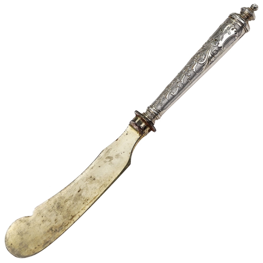 46657 BINDER WILHELM NÓŻ DO MASŁA ZE SREBRNYMI TRZONKAMI PRÓBA 800 (1).jpg