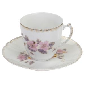BAUDOUR ŚLICZNA SECESYJNA FILIŻANKA ZE SPODKIEM RÓŻOWE I FIOLETOWE KWIATUSZKI