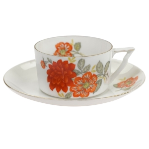BLOCH FILIŻANKA ZE SPODKIEM POMARAŃCZOWE KWIATY