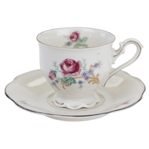 TIRSCHENREUTH KOŚĆ SŁONIOWA FILIŻANKA ZE SPODKIEM ZŁOCENIA I KOLOROWE BUKIECIKI