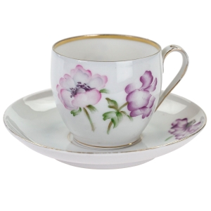 TIRSCHENREUTH ŚLICZNA FILIŻANKA ZE SPODKIEM RĘCZNIE MALOWANE ANEMONY