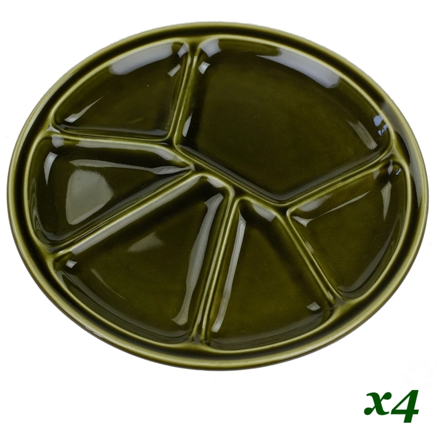 50910 FRANCJA GIEN KOMPLET CZTERECH DZIELONYCH TALERZY NA FOUNDE RACLETTE (1).jpg