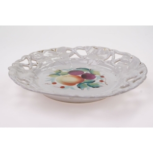 56988 BIEDERMEIER OWOCE RĘCZNIE MALOWANY AŻUROWY TALERZ ZABYTEK BRZOSKWINIA I ŚLIWKI (4).JPG