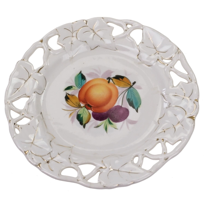 56987 BIEDERMEIER OWOCE RĘCZNIE MALOWANY AŻUROWY TALERZ ZABYTEK JABŁKO I WIŚNIE (1).jpg