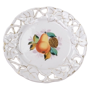 56986 BIEDERMEIER OWOCE RĘCZNIE MALOWANY AŻUROWY TALERZ ZABYTEK GRUSZKA I ORZECH (1).jpg