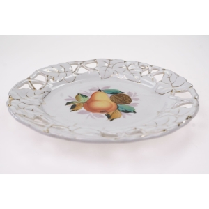 56986 BIEDERMEIER OWOCE RĘCZNIE MALOWANY AŻUROWY TALERZ ZABYTEK GRUSZKA I ORZECH (4).JPG