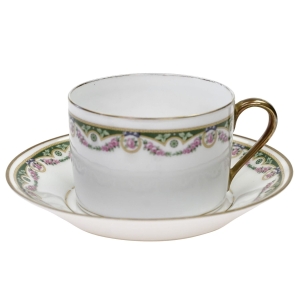 LIMOGES FILIŻANKA ZE SPODKIEM Z RÓŻANĄ BORDIURĄ