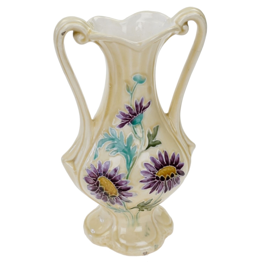 57563 STARA MAJOLIKA DONICA WAZON Z USZAMI FIOLETOWE KWIATY (1).jpg