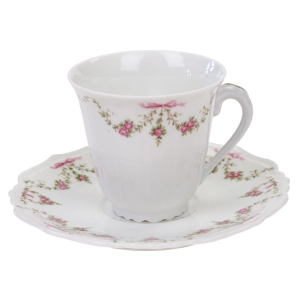 LIMOGES JAMMET-SEIGNOLLES FILIŻANKA DO MOKKI ZE SPODKIEM GIRLANDY RÓŻYCZEK