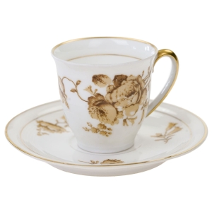 LIMOGES A. GIRAUD MOKKA FILIŻANKA ZE SPODKIEM BRĄZOWE KWIATY ZE ZŁOCENIAMI