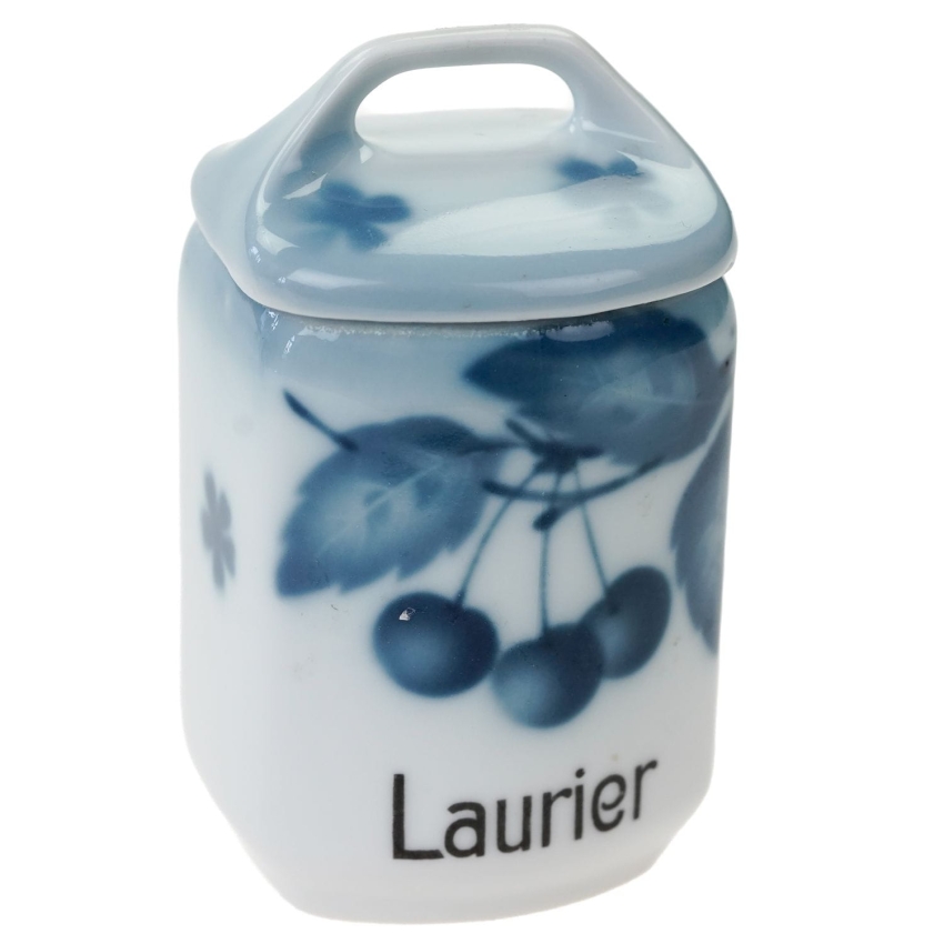 58462 LIMOGES CHARLES MARTIN STARY PORCELANOWY KUCHENNY POJEMNIK NA LIŚCIE LAUROWE W WISIENKI (1).JPG