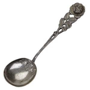 ANTIKO SREBRNA ŁYŻECZKA DO ŚMIETANKI KONFITUR Z RÓŻĄ PRÓBA 800 WAGA 12,6 G