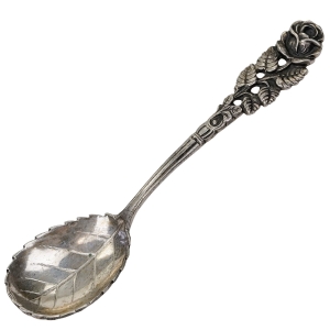 SREBRNA ŁYŻECZKA DO ŚMIETANKI KONFITUR Z RÓŻĄ CZERPAK W KSZTAŁCIE LISTKA PRÓBA 800 WAGA 15,7 G