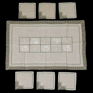 OBRUS I 6 SERWETEK LEN RĘCZNE HAFTY I KORONKA 120 X 75CM