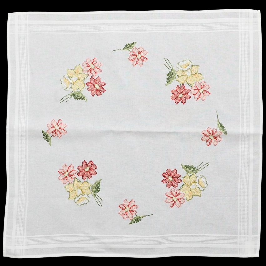 60183 ŚLICZNY OBRUS RĘCZNIE HAFT KRZYŻYKOWY KOLOROWE DUŻE KWIATY 79 X 77 CM (1).JPG
