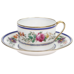 LIMOGES C. AHRENFELDT FILIŻANKA ZE SPODKIEM SZLACZKI KWIATÓW RĘCZNIE MALOWANYCH