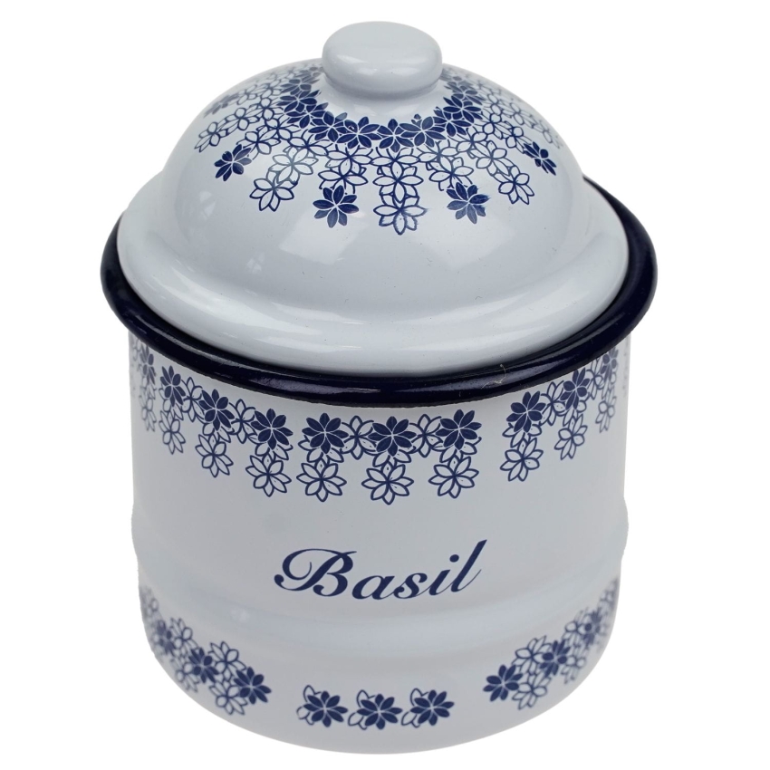 60401 SILESIA RYBNIK EMALIOWANY POJEMNIK NA BAZYLIĘ BIAŁA W NIEBIESKIE WZORY (1).jpg