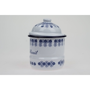 60401 SILESIA RYBNIK EMALIOWANY POJEMNIK NA BAZYLIĘ BIAŁA W NIEBIESKIE WZORY (2).JPG