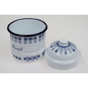 60401 SILESIA RYBNIK EMALIOWANY POJEMNIK NA BAZYLIĘ BIAŁA W NIEBIESKIE WZORY (4).JPG