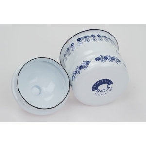 60401 SILESIA RYBNIK EMALIOWANY POJEMNIK NA BAZYLIĘ BIAŁA W NIEBIESKIE WZORY (5).JPG