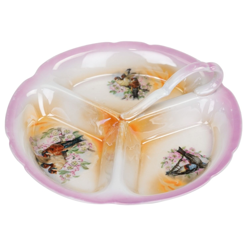 61397 VICTORIA ŚLICZNY PORCELANOWY KABARET DZIELONA PATERA Z PTASZKAMI (1).jpg