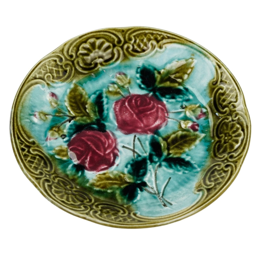 62651 MAJOLIKA STARY TALERZ KWIATY RÓŻ I RELIEFY (1).jpg