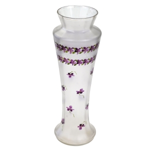 STARY WAZON Z SATYNOWEGO SZKŁA RĘCZNIE MALOWANE FIOŁKI