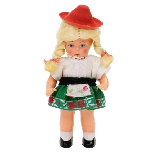 63080 STARA LALKA LALECZKA12,5 CM W UBRANKU Z TWORZYWA SZTUCZNEGO DO DOMKU DLA LALEK (1).jpg