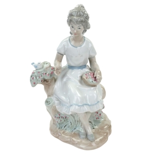 SANBO/LLADRO PIĘKNA DUŻA FIGURA DZIEWCZYNY NIEWISATY Z KOSZEM KWIATÓW I PTASZKIEM