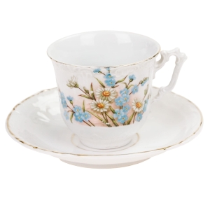 WEIßWASSER SECESJA ŚLICZNY FILIŻANKA ZE SPODKIEM STOKROTKI I NIEZAPOMINAJKI