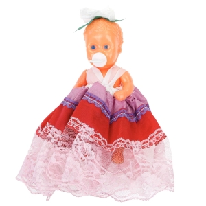 66398 STARA LALKA W DŁUGIEJ SUKNI ZE SMOCZKIEM LATA 70-TE WYS. 14 CM II (1).jpg