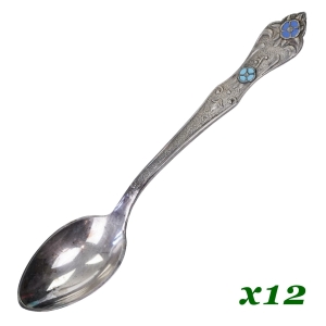 KIJÓW KOMPLET 12 ŁYŻECZEK DO HERBATY EMALIOWANE KWIATY W KASETCE MELCHIORY BARDZO ZDOBNE