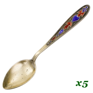 68196 ROSJA KOMPLET 5 EMALIOWNYCH SREBRNYCH ŁYŻECZEK DO KAWY PRÓBA 875 WAGA ŁĄCZNA 75,8 G (1).jpg