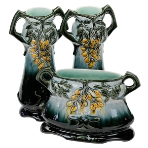 68296 ART NOUVEAU MAJOLIKA PARA WAZONÓW Z ŻARDINIERĄ ZŁOTOKAP CUDEŃKA FRANCJA (1).jpg