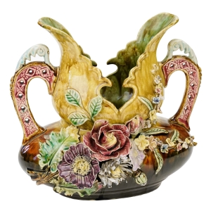 69380 ART NOUVEAU SECESJA FANTASTYCZNA ŻARDINIERA MAJOLIKA KWIATOWA (1).jpg