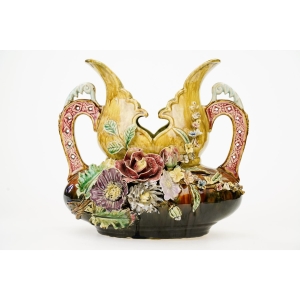 69380 ART NOUVEAU SECESJA FANTASTYCZNA ŻARDINIERA MAJOLIKA KWIATOWA (2).JPG