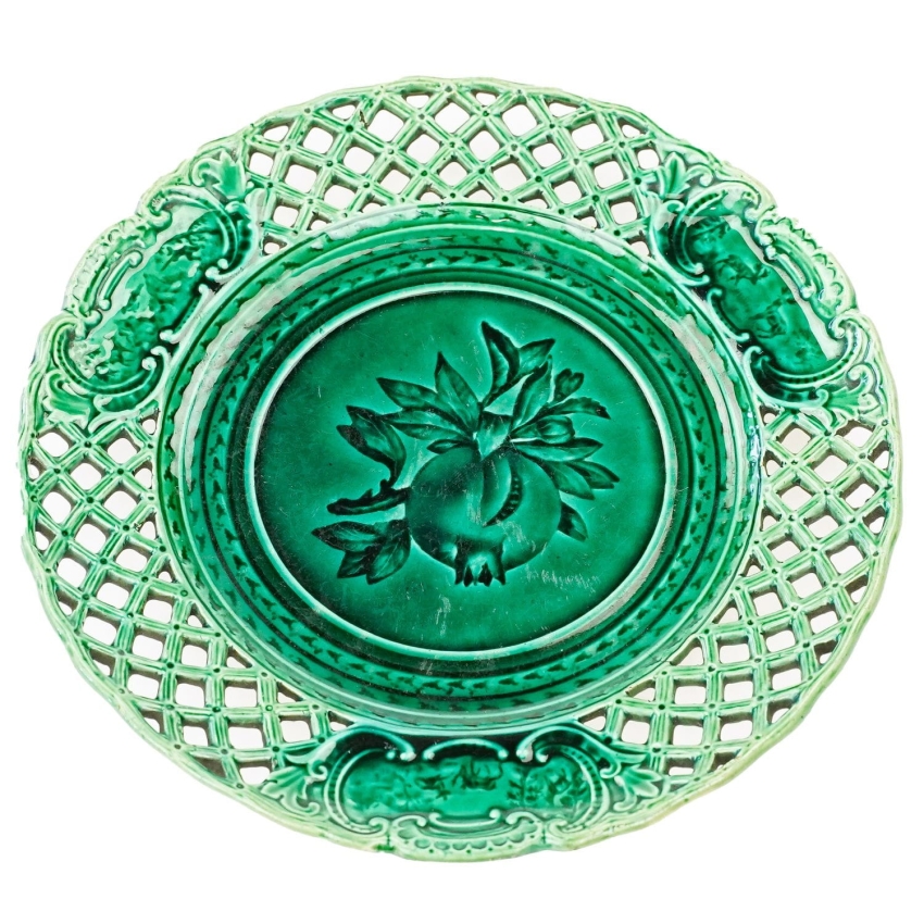 69427 MAJOLIKA OZDOBNY ZIELONY TALERZ OWOC GRANATU (1).jpg