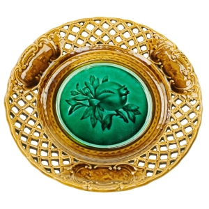 69428 MAJOLIKA OZDOBNY BRĄZOWO-ZIELONY TALERZ OWOC GRANATU (1).jpg