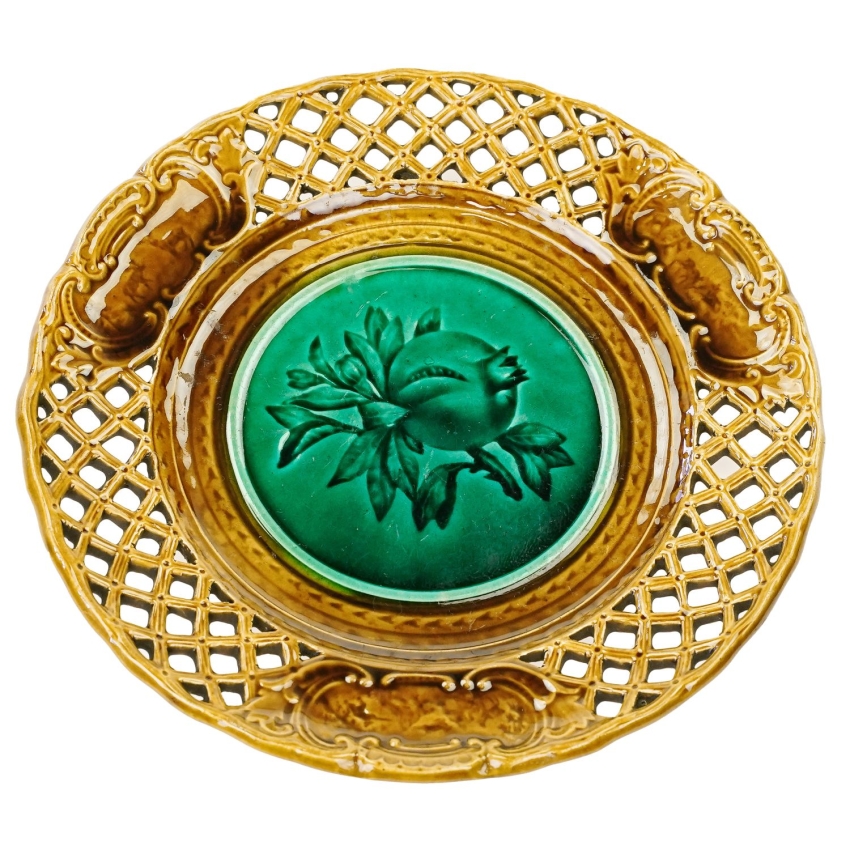 69428 MAJOLIKA OZDOBNY BRĄZOWO-ZIELONY TALERZ OWOC GRANATU (1).jpg